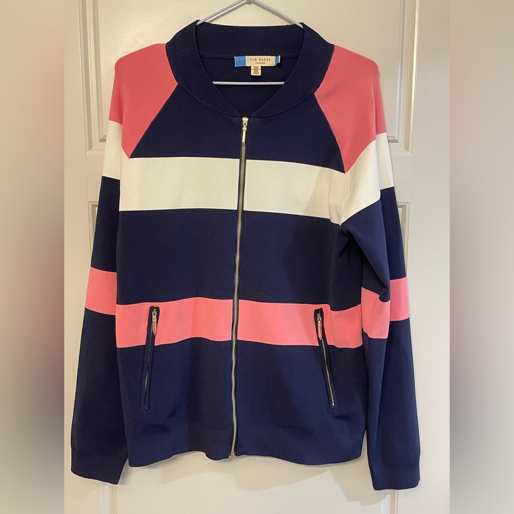 NWOT Ted Baker Colorblock Bomber Jacket in Navy, Pink, and White